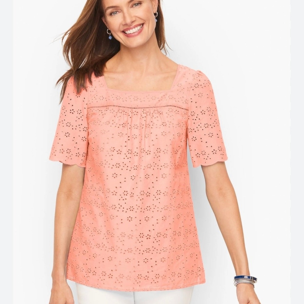 Talbots Caspian Pink Floral Eyelet Square Neck Blouse Top NWOT Size M